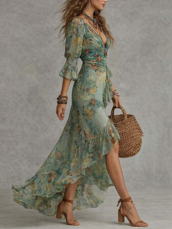 Kim | Romantic Floral Asymmetric Maxi Dress