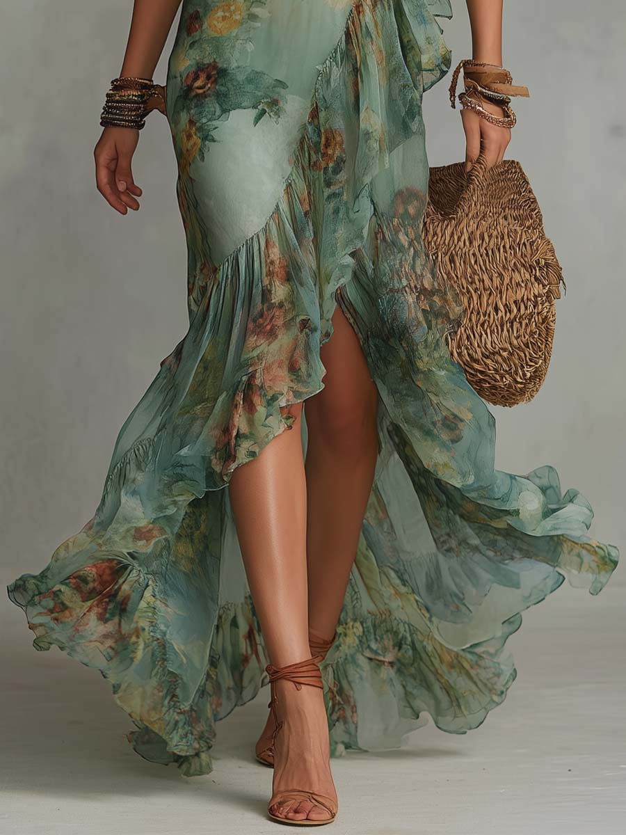 Kim | Romantic Floral Asymmetric Maxi Dress