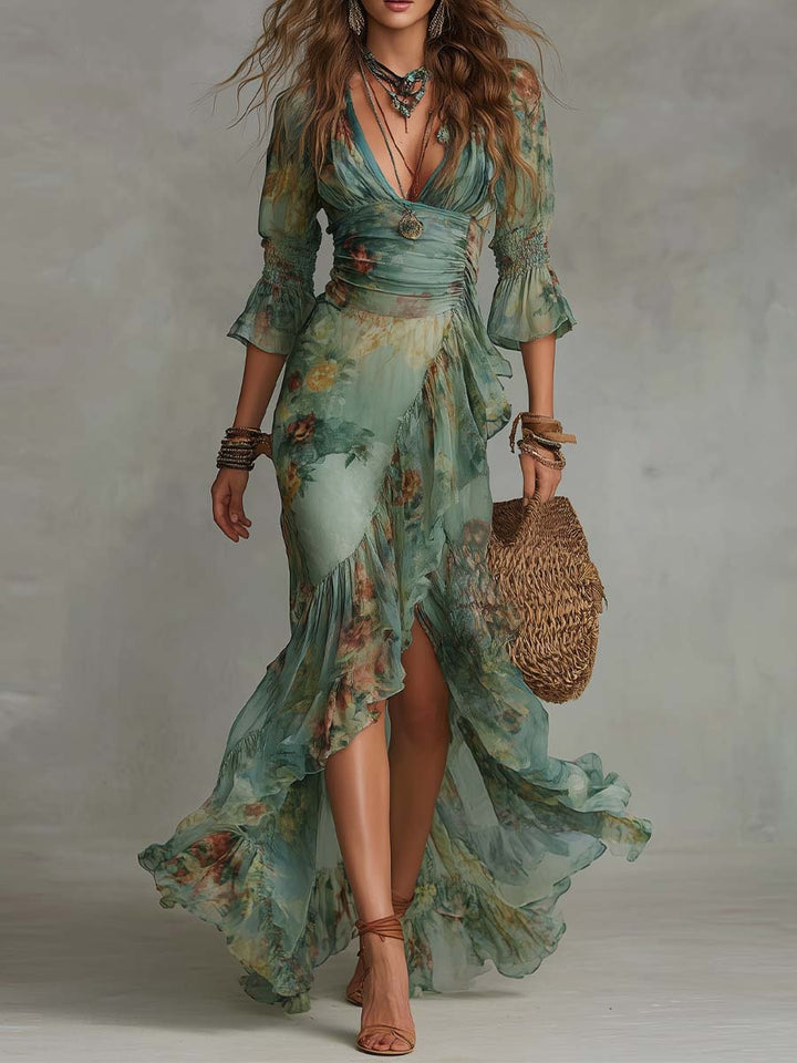 Kim | Romantic Floral Asymmetric Maxi Dress