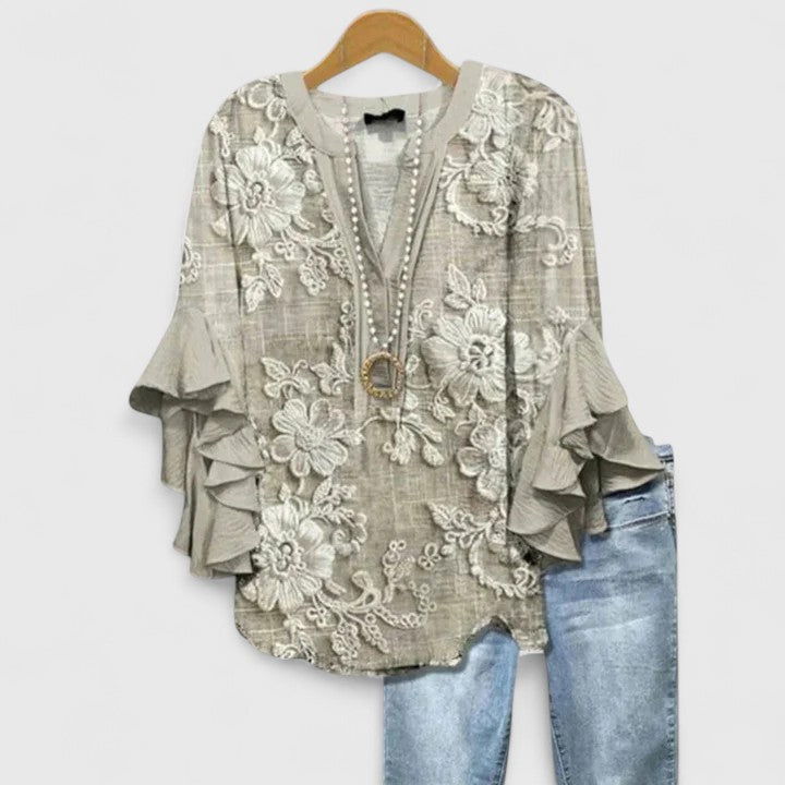 Corinne | Ruffle Sleeve Printed Statement Blouse