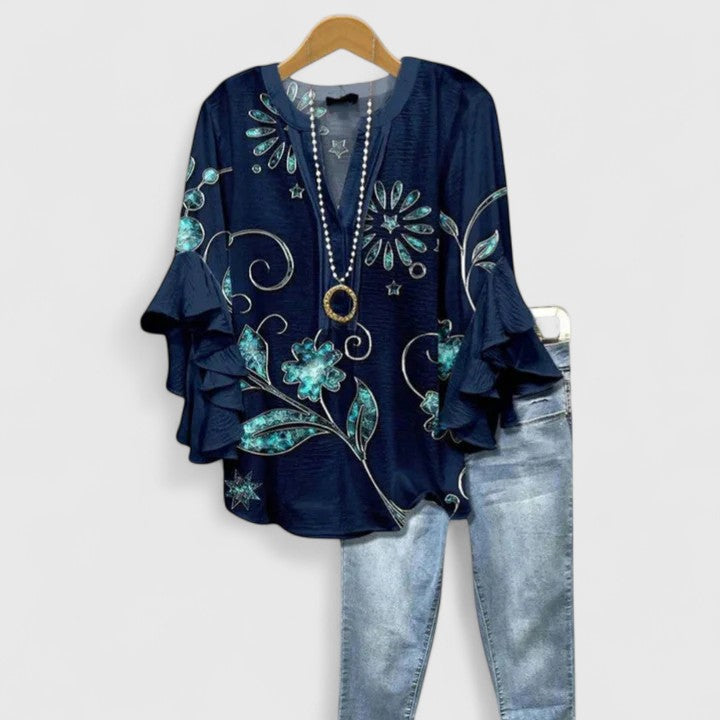 Corinne | Ruffle Sleeve Printed Statement Blouse