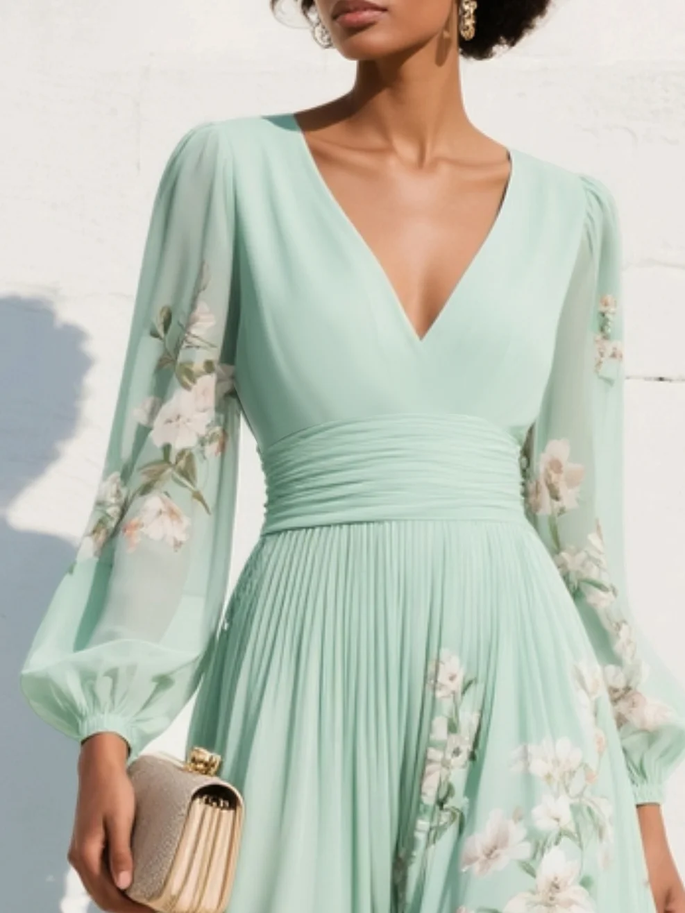 Andrea | Mint Floral Pleated Maxi Dress