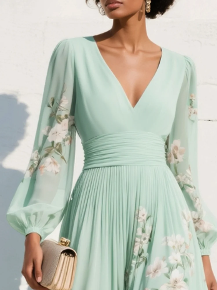 Andrea | Mint Floral Pleated Maxi Dress
