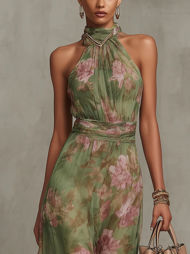 Avery | Green Floral Halter Maxi Dress