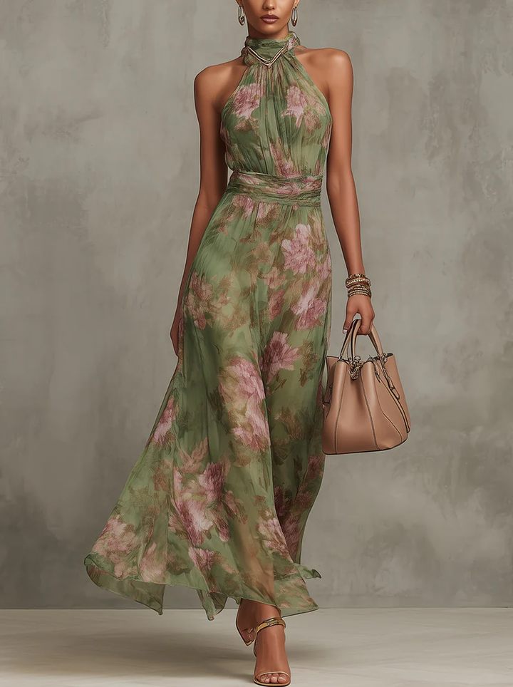 Avery | Green Floral Halter Maxi Dress