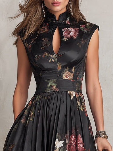 Gracy | Black Floral Keyhole Midi Dress
