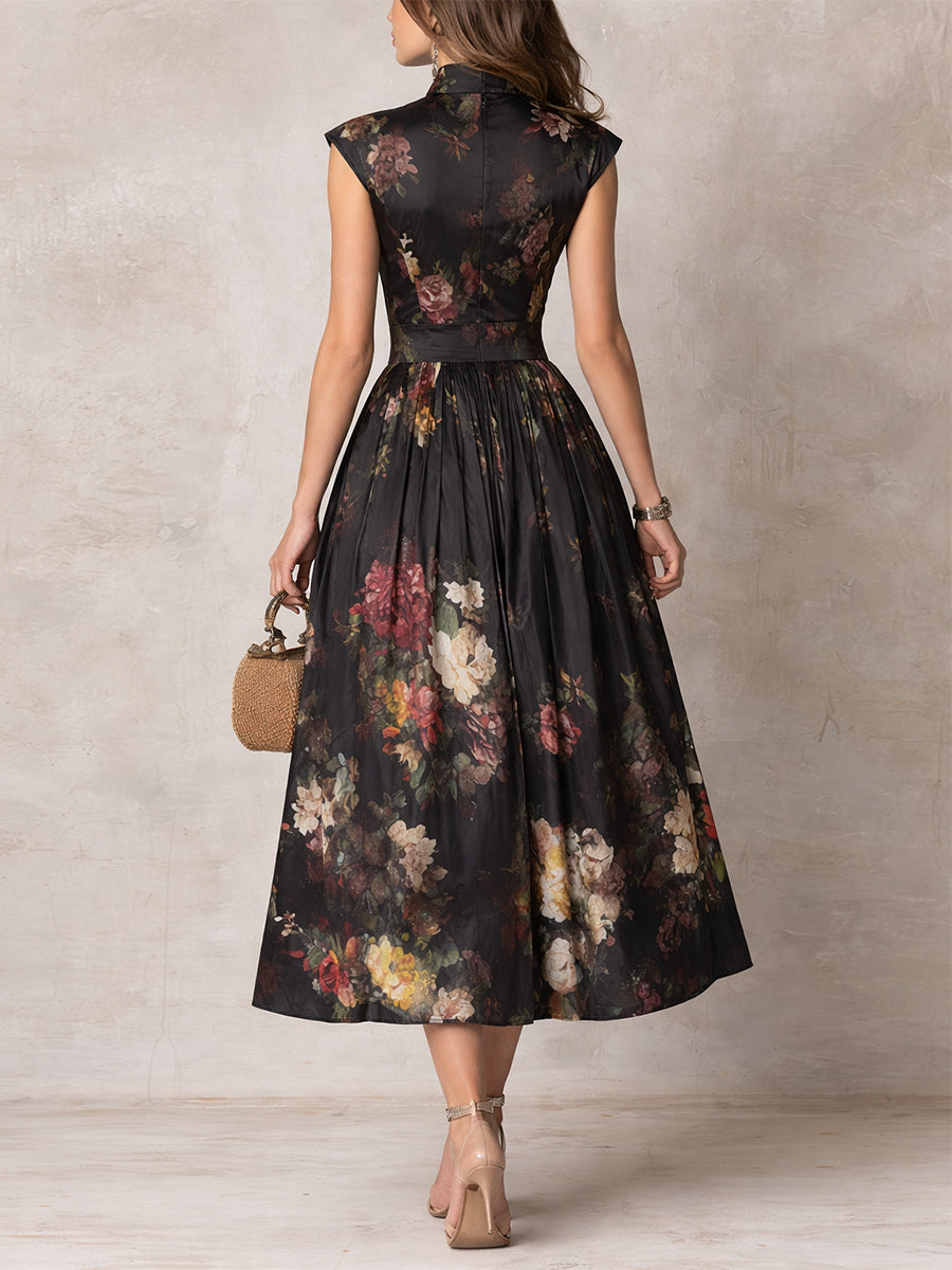 Gracy | Black Floral Keyhole Midi Dress
