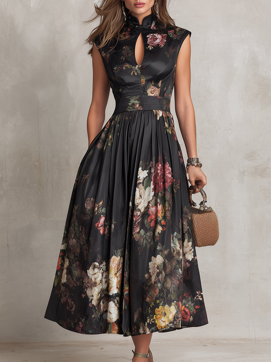 Gracy | Black Floral Keyhole Midi Dress