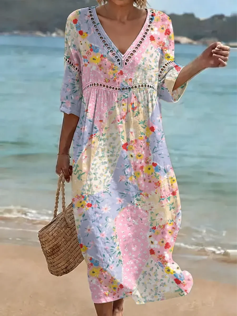 Estelle | Floral Patchwork V-Neck Midi Dress