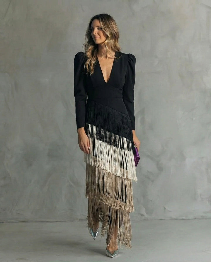 Vivienne | Elegant Fringe Sleeve Maxi Dress