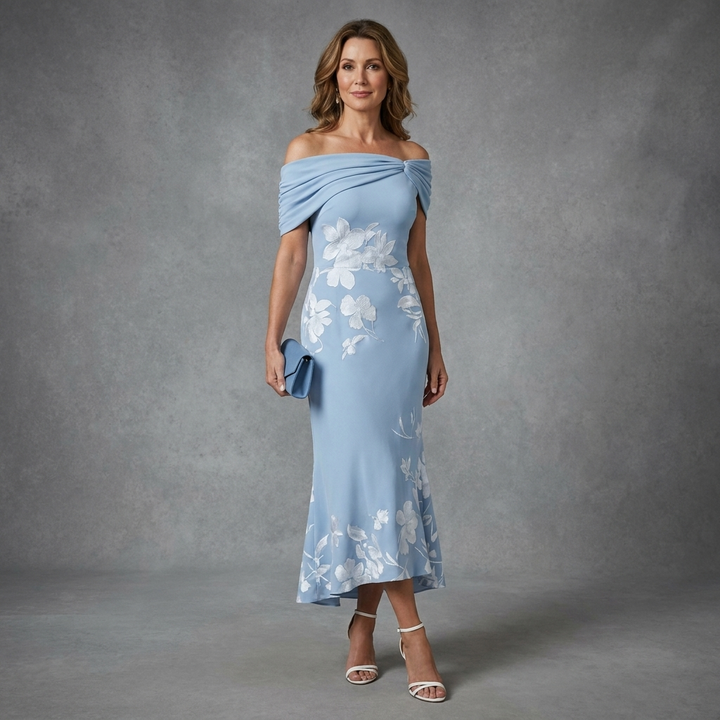 Cressida |  Elegant Floral Off-Shoulder Midi Dress