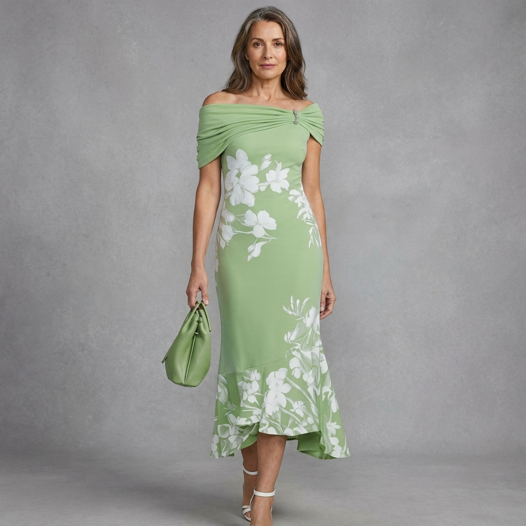 Cressida |  Elegant Floral Off-Shoulder Midi Dress